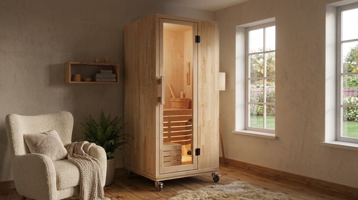 Piccolo sauna standing in a bright living room beside an armchair